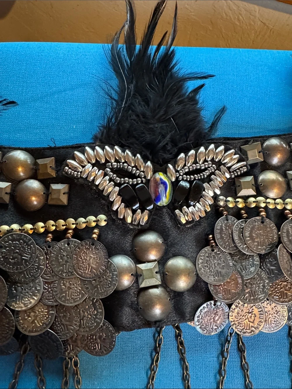 Black Beaded Coin Fringe Belly Belt with Feather Accents